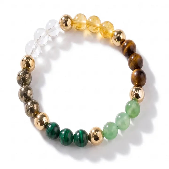 The Dhan Yog bracelet: citrine, tiger’s eye, green aventurine, green agate, pyrite and clear quartz with gold spacers